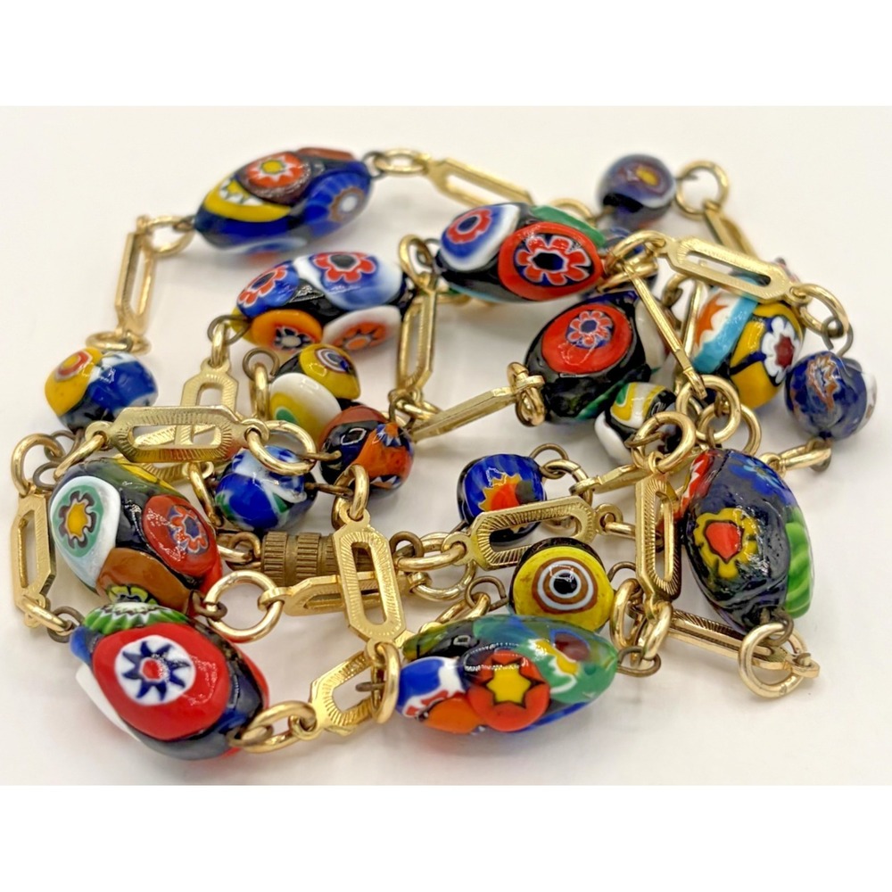 Vintage Murano Millefiori Glass Bead‎ Gold Yellow Tone Station Necklace